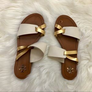 Tory Burch Ravello Two-Band Slide,Perfect Ivory/Gold SIZE 6 Women’s
